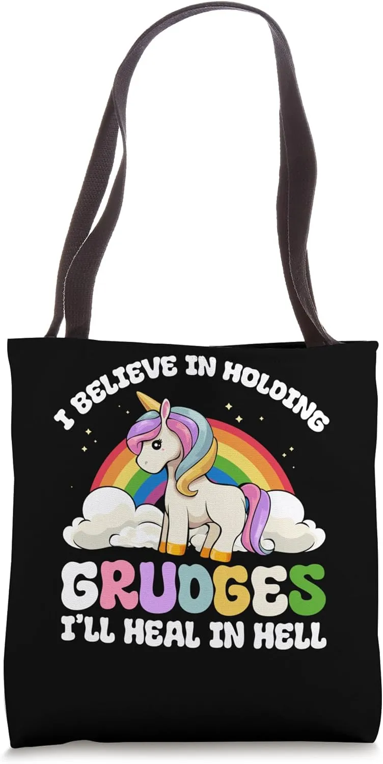 Funny I Believe In Holding Grudges I'll Heal In Hell Rainbow Tote Bag