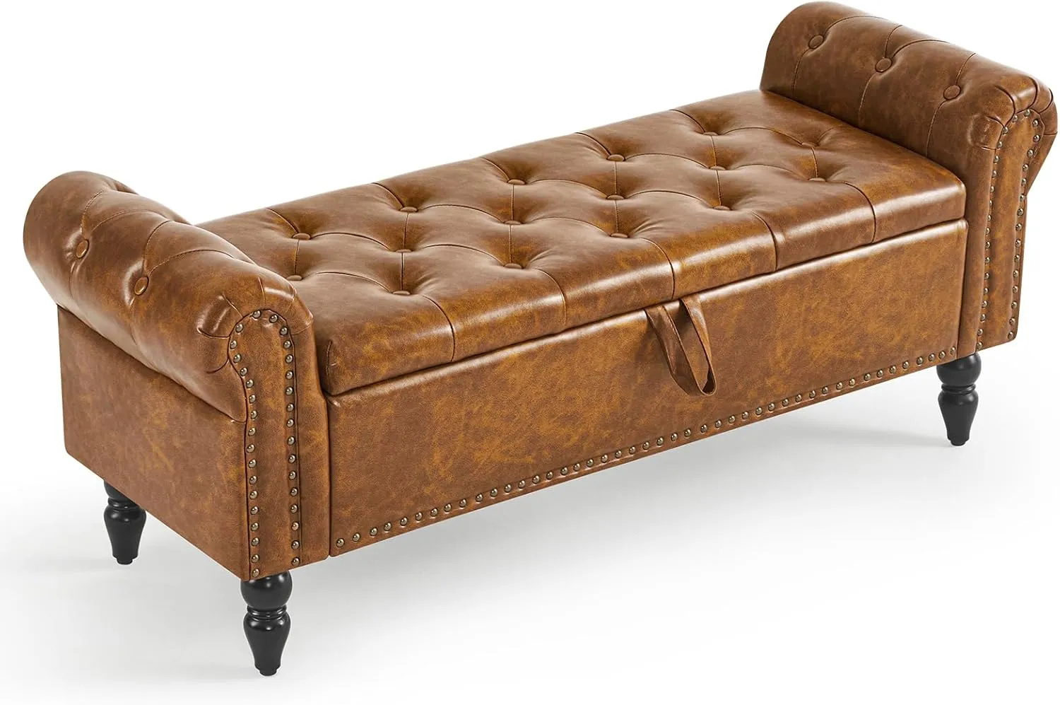 Furniliving Storage Ottoman Bench - Leather Upholstered Ottoman with Solid Wood Legs, Indoor Bench for Living Room, Entryway, YellowBrown