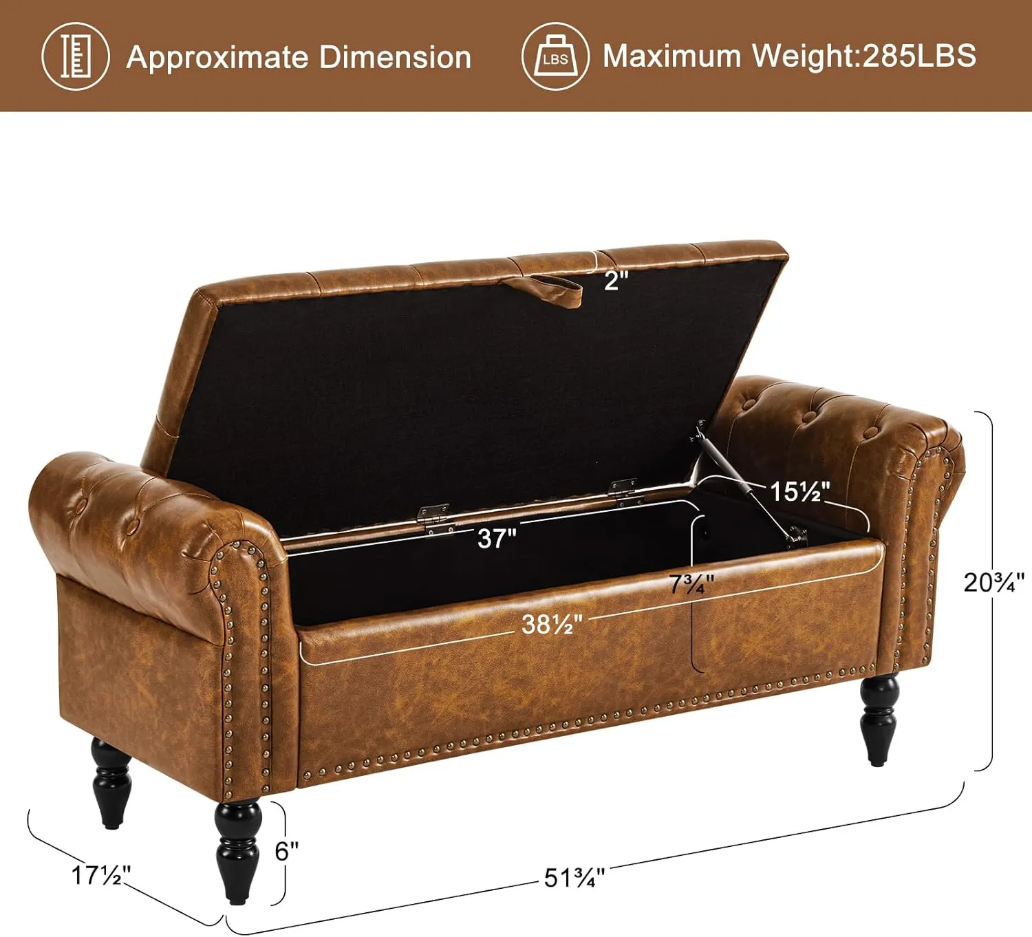 Furniliving Storage Ottoman Bench - Leather Upholstered Ottoman with Solid Wood Legs, Indoor Bench for Living Room, Entryway, YellowBrown