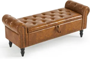 Furniliving Storage Ottoman Bench - Leather Upholstered Ottoman with Solid Wood Legs, Indoor Bench for Living Room, Entryway, YellowBrown