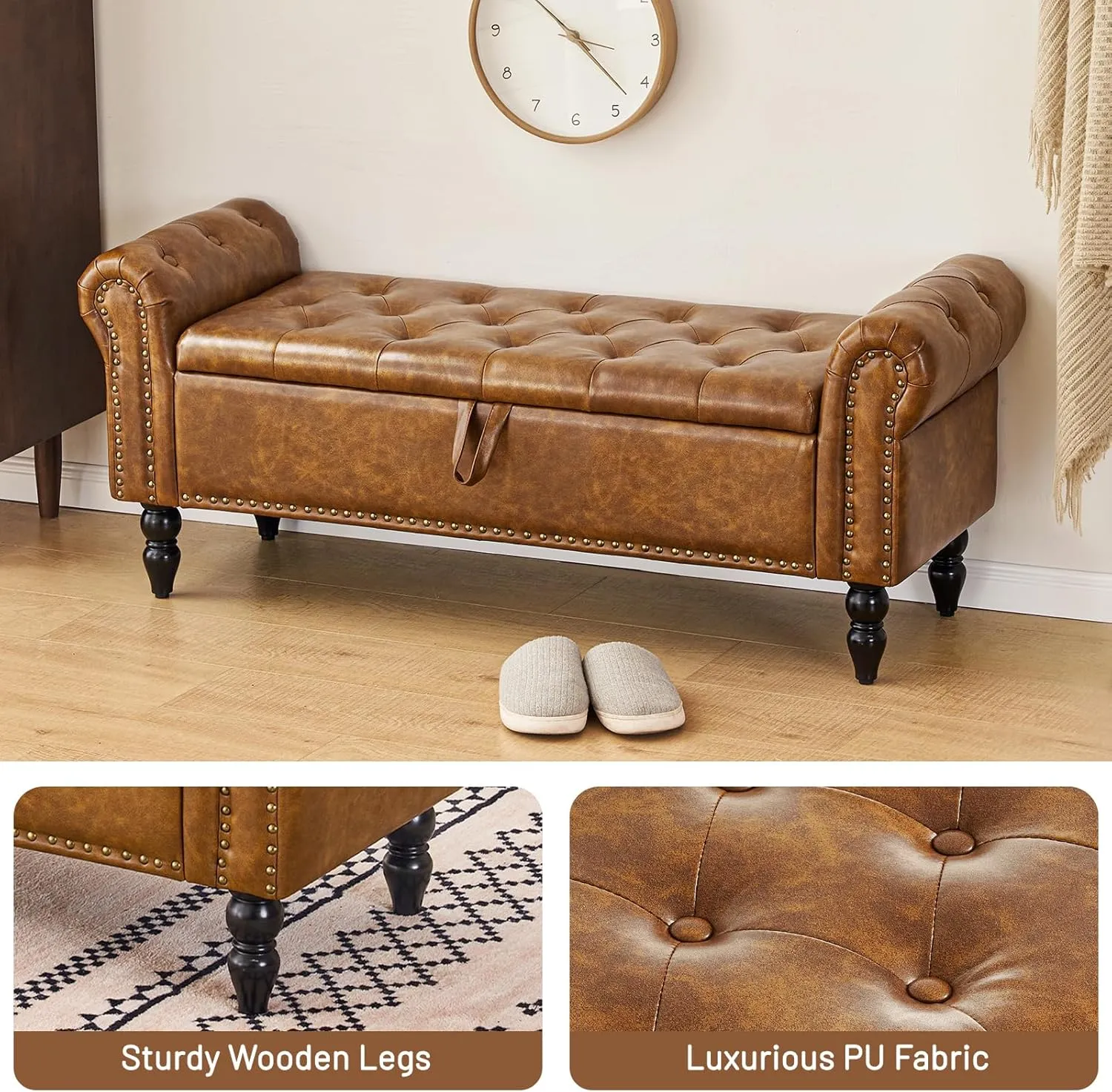 Furniliving Storage Ottoman Bench - Leather Upholstered Ottoman with Solid Wood Legs, Indoor Bench for Living Room, Entryway, YellowBrown