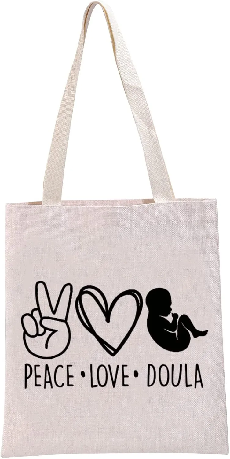 G2TUP Doula Thank You Gift Peace Love Doula Reusable Canvas Tote Bag Certified Doula Gift Midwife Life Shopping Handbag
