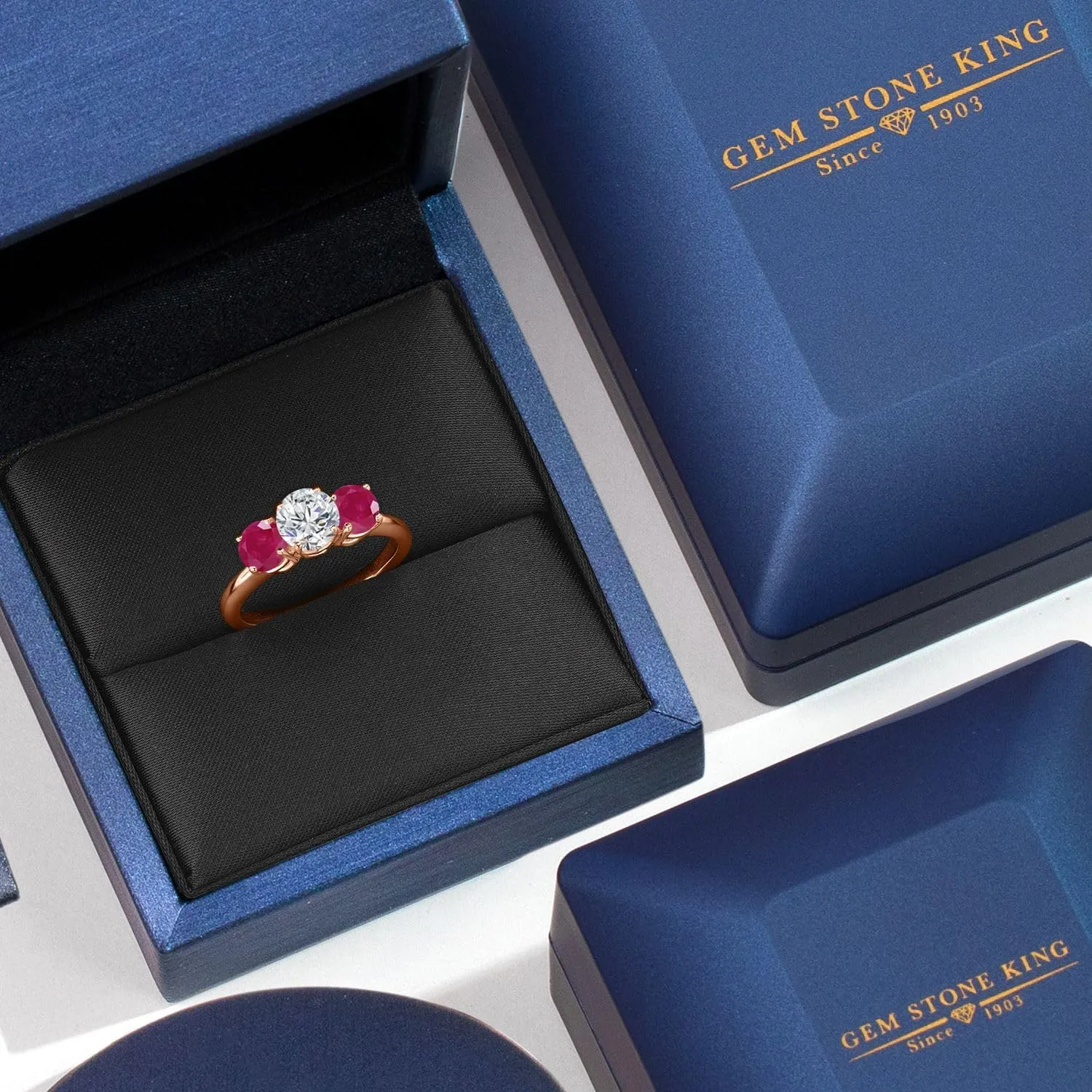 Gem Stone King 1.84 Ct Round G/H Lab Grown Diamond Red Ruby 18K Rose Gold Plated Silver Ring