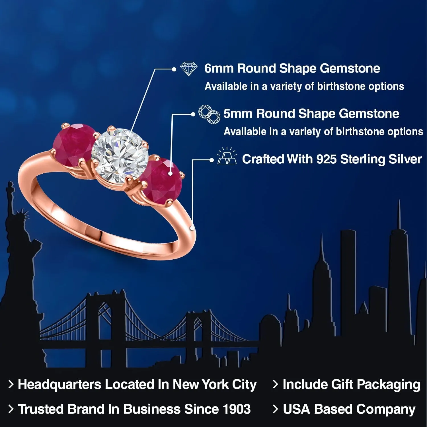 Gem Stone King 1.84 Ct Round G/H Lab Grown Diamond Red Ruby 18K Rose Gold Plated Silver Ring