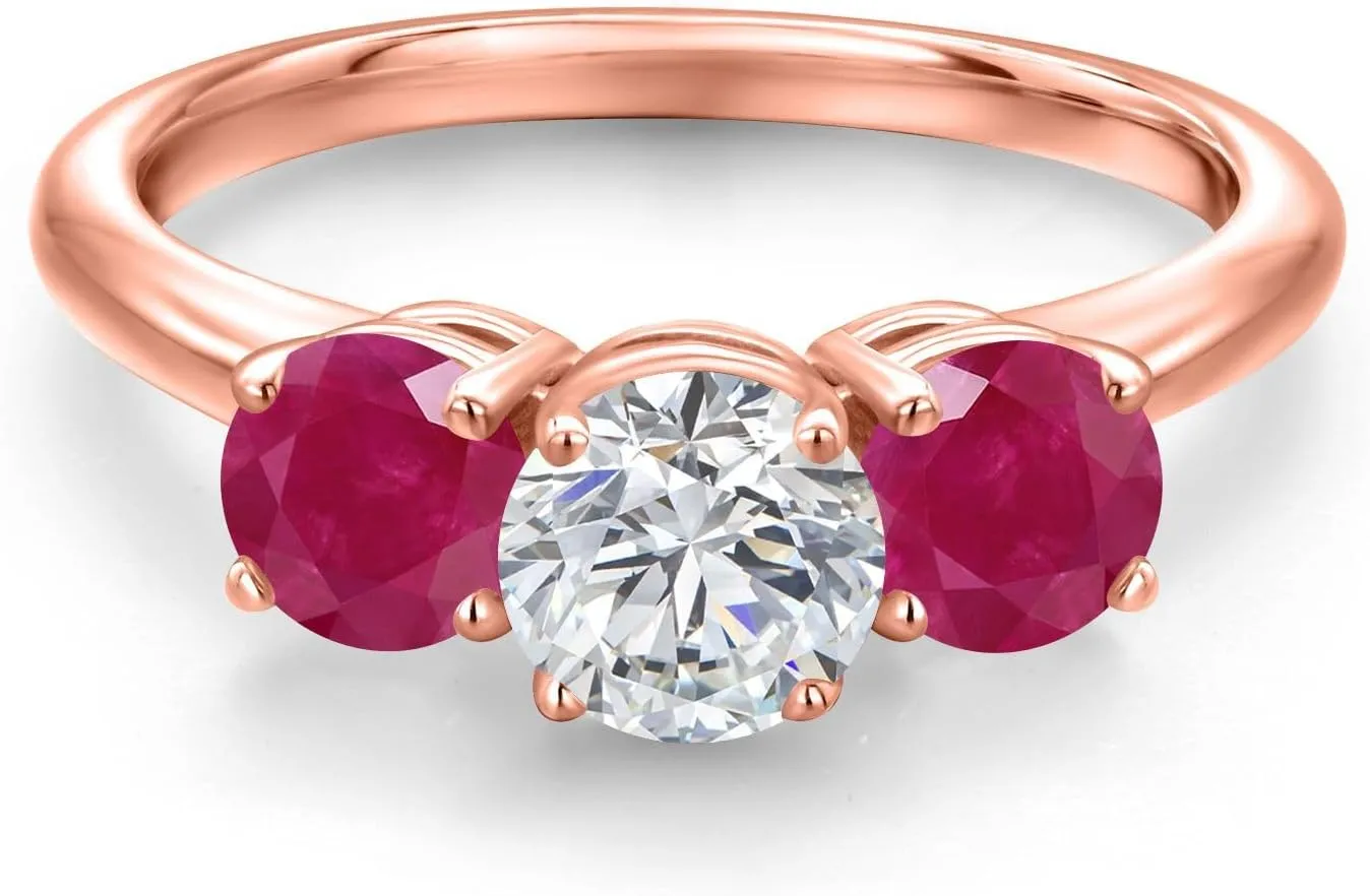 Gem Stone King 1.84 Ct Round G/H Lab Grown Diamond Red Ruby 18K Rose Gold Plated Silver Ring