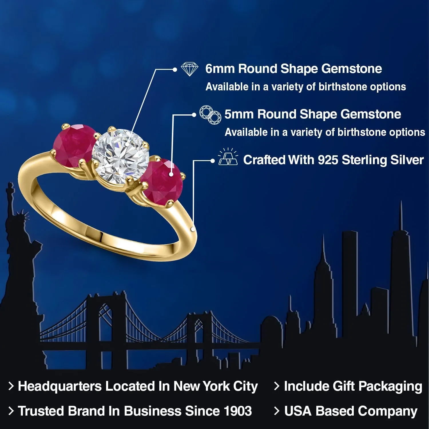 Gem Stone King 1.84 Ct Round G/H Lab Grown Diamond Red Ruby 18K Yellow Gold Plated Silver Ring