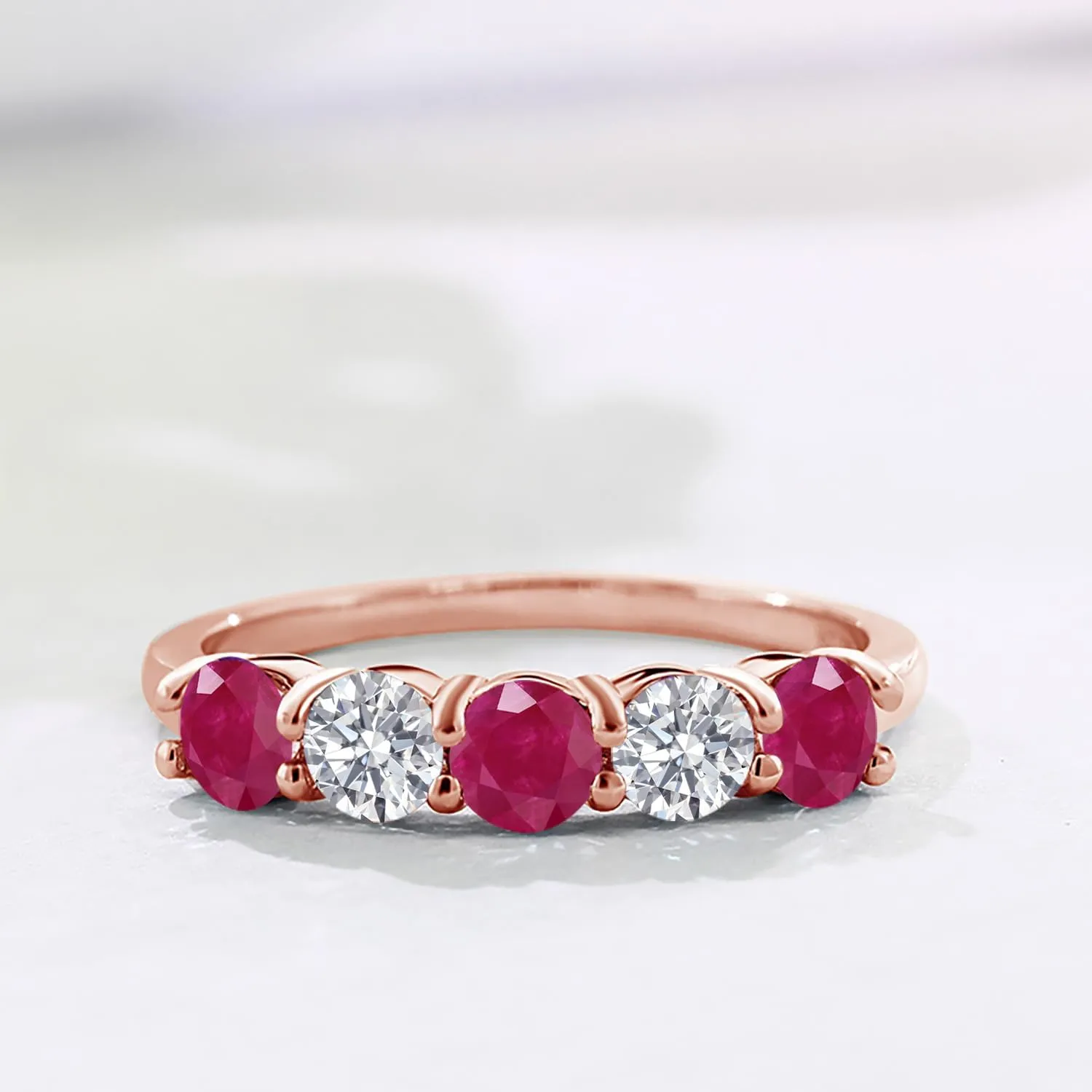 Gem Stone King 18K Rose Gold Plated Silver Red Ruby and E - F Lab Grown Diamond Wedding-Bands Ring For Women | 1.59 Cttw | Round 4MM | Gemstone July Birthstone | Available in Size 5,6,7,8,9