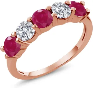 Gem Stone King 18K Rose Gold Plated Silver Red Ruby and E - F Lab Grown Diamond Wedding-Bands Ring For Women | 1.59 Cttw | Round 4MM | Gemstone July Birthstone | Available in Size 5,6,7,8,9