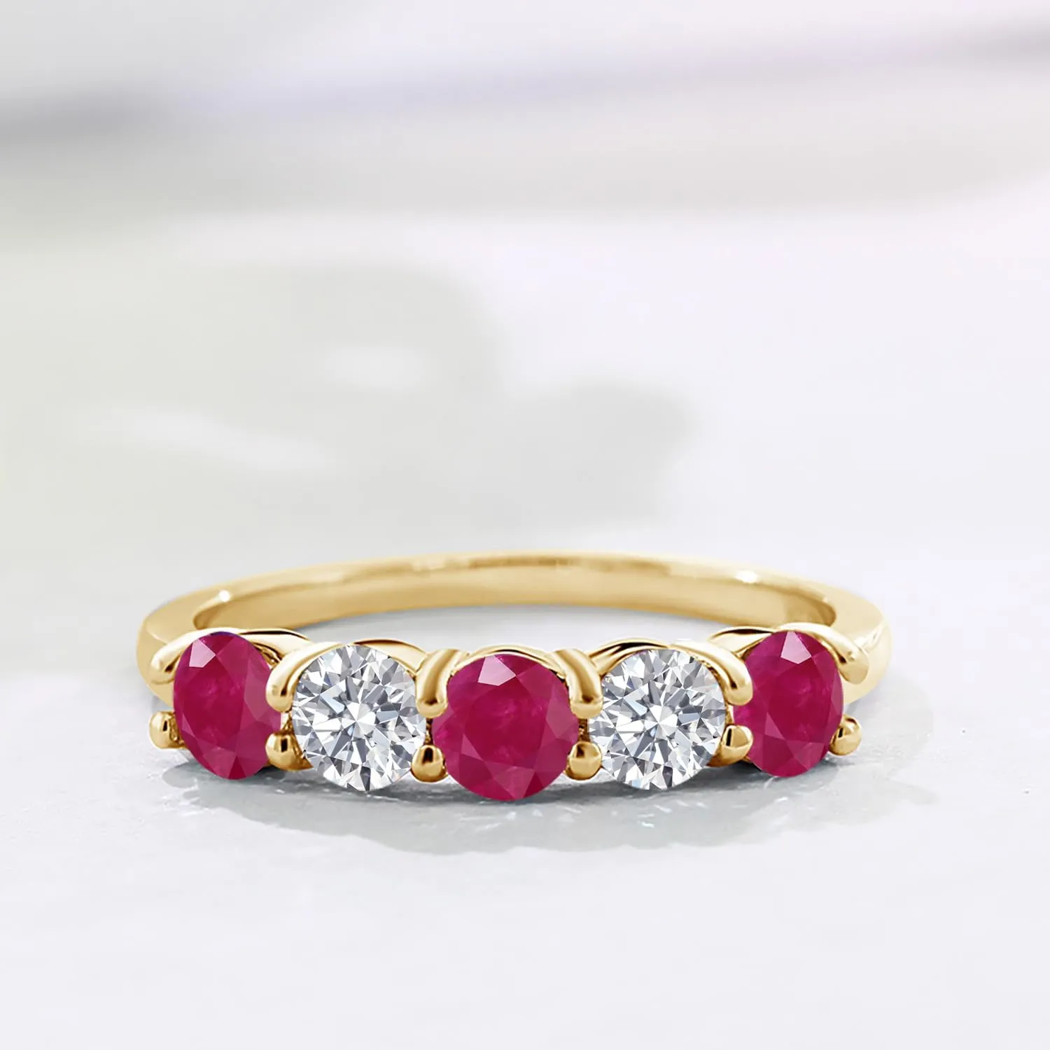Gem Stone King 18K Yellow Gold Plated Silver Red Ruby and E - F Lab Grown Diamond Wedding-Bands Ring For Women | 1.59 Cttw | Round 4MM | Gemstone July Birthstone | Available in Size 5,6,7,8,9