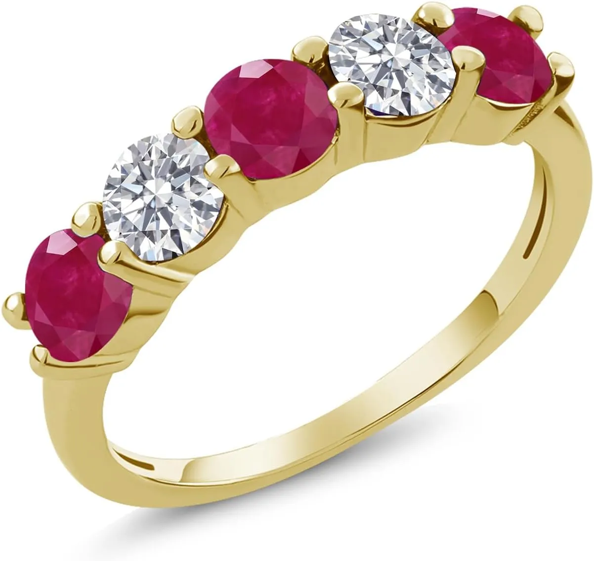 Gem Stone King 18K Yellow Gold Plated Silver Red Ruby and E - F Lab Grown Diamond Wedding-Bands Ring For Women | 1.59 Cttw | Round 4MM | Gemstone July Birthstone | Available in Size 5,6,7,8,9