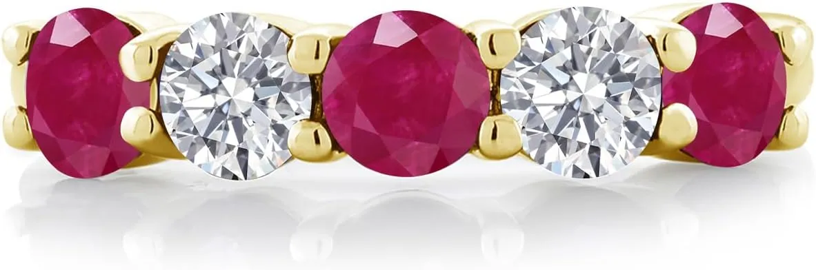 Gem Stone King 18K Yellow Gold Plated Silver Red Ruby and E - F Lab Grown Diamond Wedding-Bands Ring For Women | 1.59 Cttw | Round 4MM | Gemstone July Birthstone | Available in Size 5,6,7,8,9