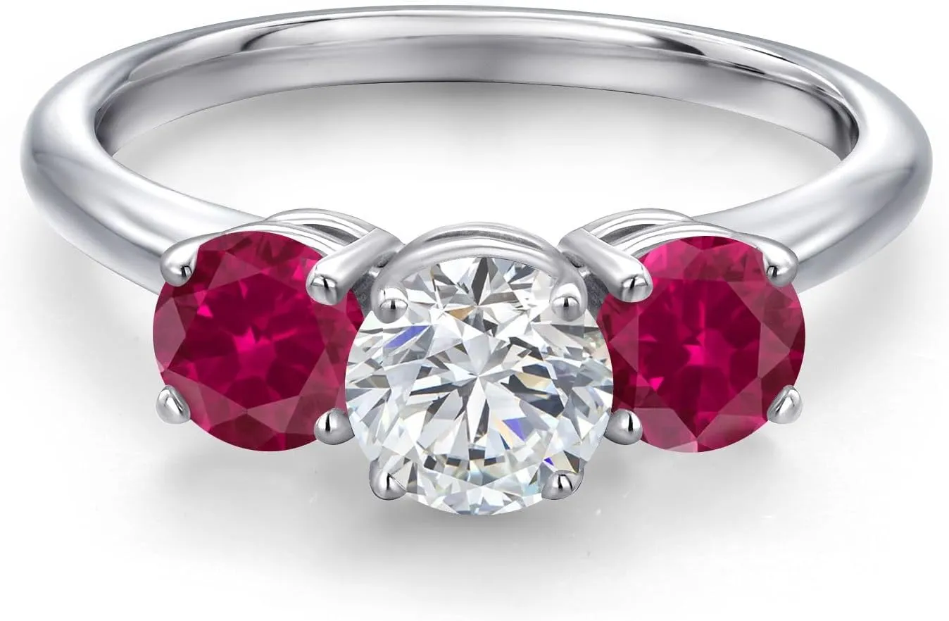 Gem Stone King 1.94 Ct Round G/H Lab Grown Diamond Red Created Ruby 925 Sterling Silver Ring