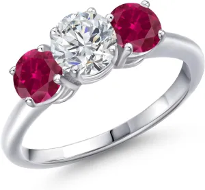 Gem Stone King 1.94 Ct Round G/H Lab Grown Diamond Red Created Ruby 925 Sterling Silver Ring