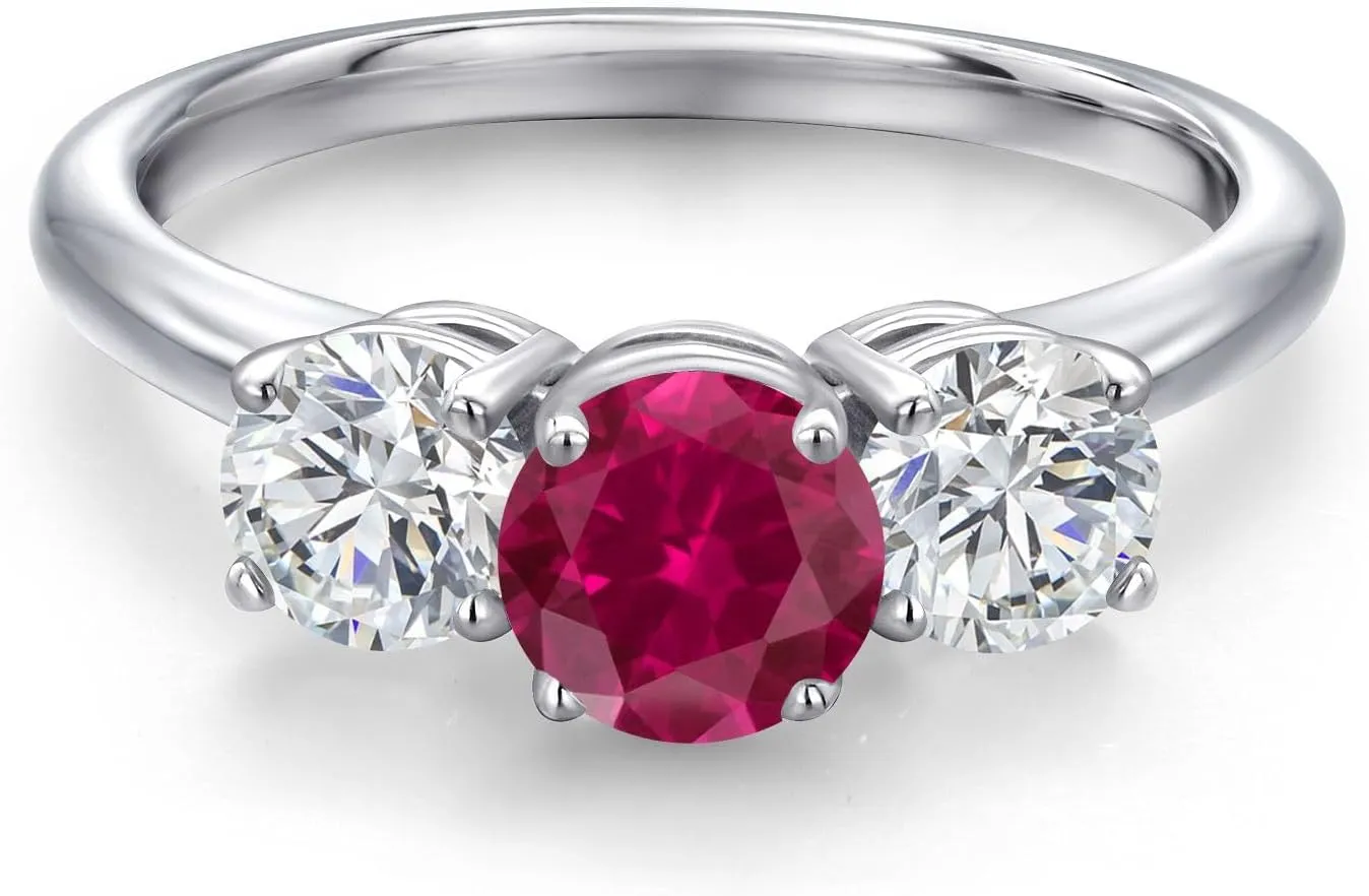 Gem Stone King 2.00 Ct Round Red Created Ruby G/H Lab Grown Diamond 925 Sterling Silver Ring