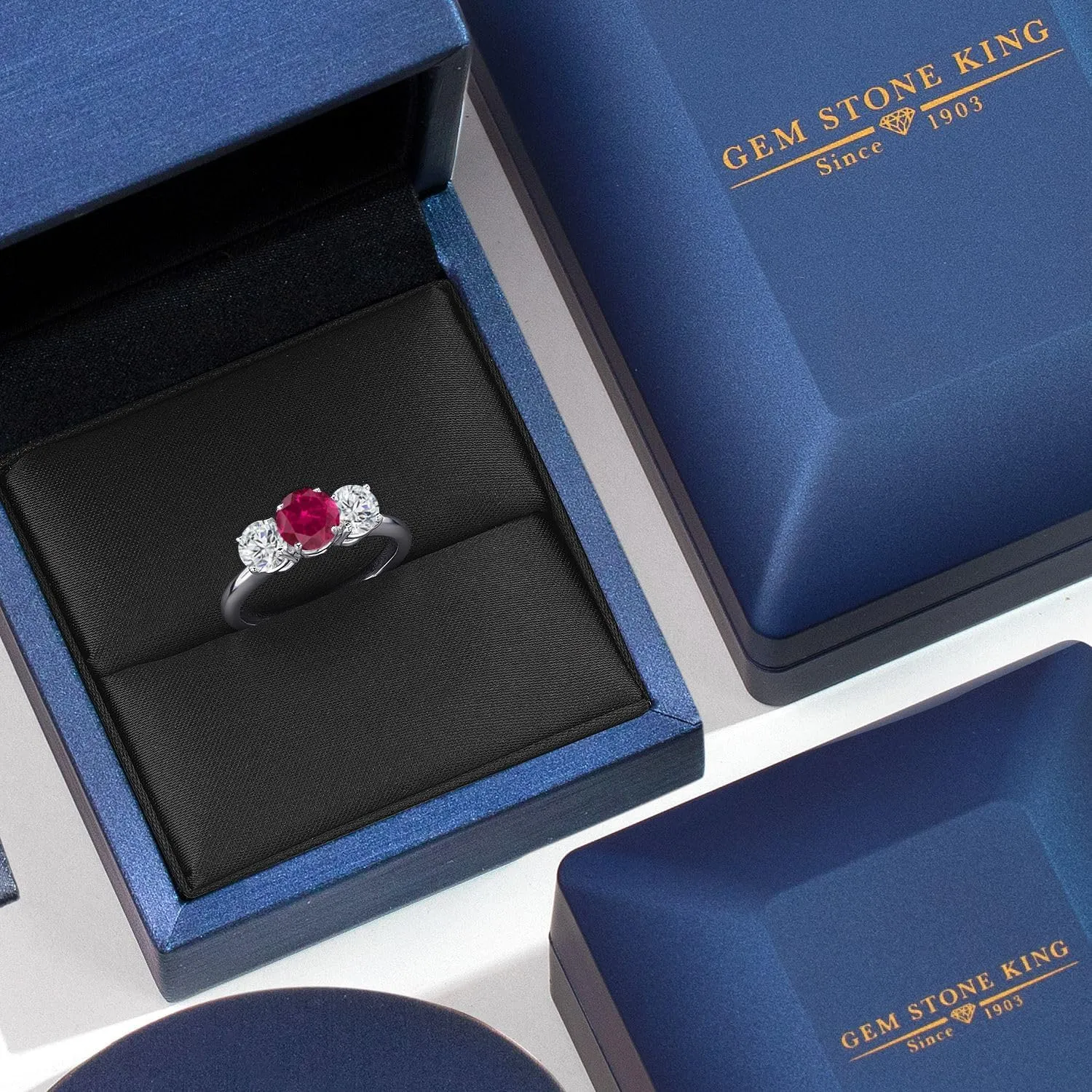 Gem Stone King 2.00 Ct Round Red Created Ruby G/H Lab Grown Diamond 925 Sterling Silver Ring