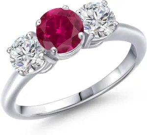 Gem Stone King 2.00 Ct Round Red Created Ruby G/H Lab Grown Diamond 925 Sterling Silver Ring