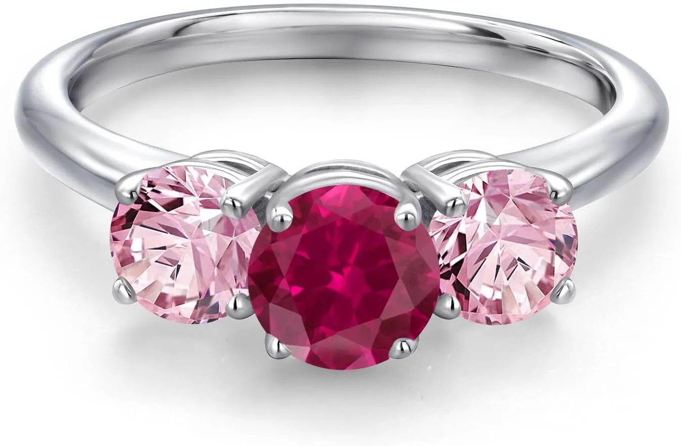 Gem Stone King 2.00 Ct Round Red Created Ruby Pink Lab Grown Diamond 925 Sterling Silver Ring