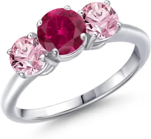 Gem Stone King 2.00 Ct Round Red Created Ruby Pink Lab Grown Diamond 925 Sterling Silver Ring