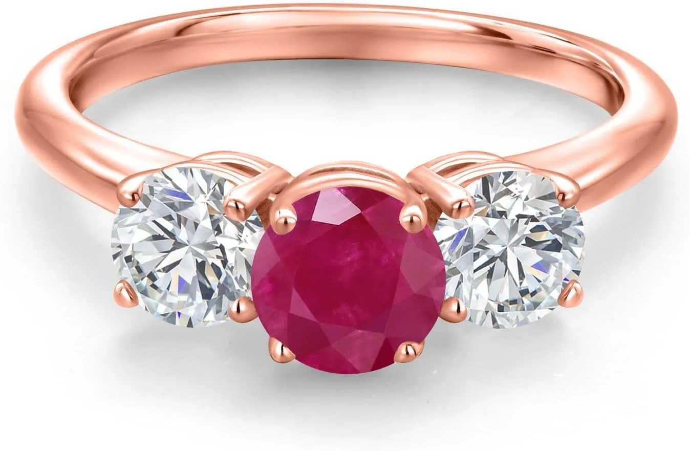 Gem Stone King 2.00 Ct Round Red Ruby G/H Lab Grown Diamond 18K Rose Gold Plated Silver Ring