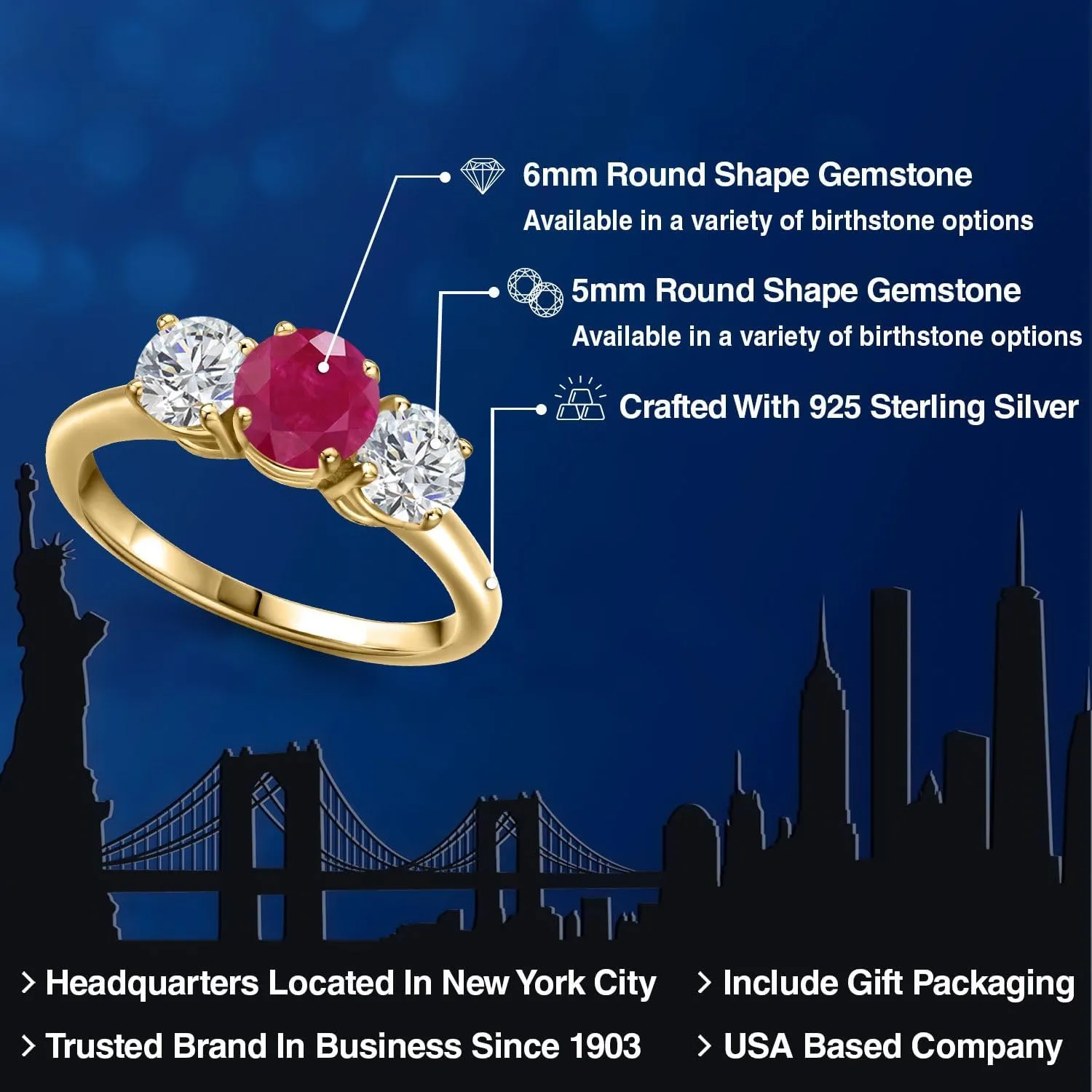 Gem Stone King 2.00 Ct Round Red Ruby G/H Lab Grown Diamond 18K Yellow Gold Plated Silver Ring