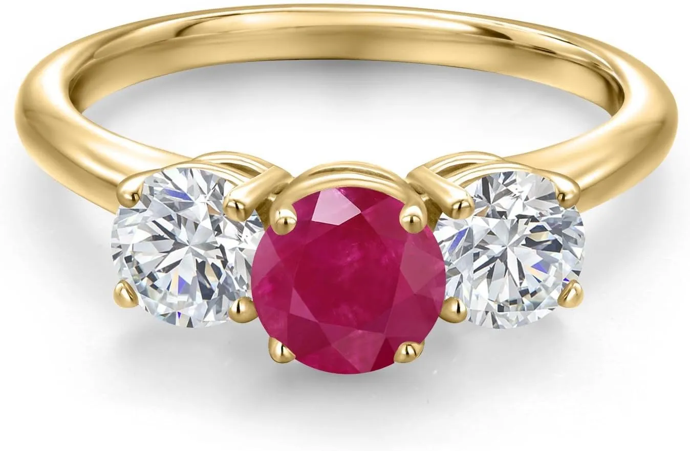 Gem Stone King 2.00 Ct Round Red Ruby G/H Lab Grown Diamond 18K Yellow Gold Plated Silver Ring