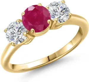 Gem Stone King 2.00 Ct Round Red Ruby G/H Lab Grown Diamond 18K Yellow Gold Plated Silver Ring