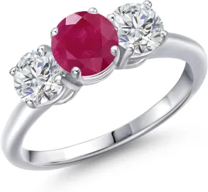 Gem Stone King 2.00 Ct Round Red Ruby G/H Lab Grown Diamond 925 Sterling Silver Ring