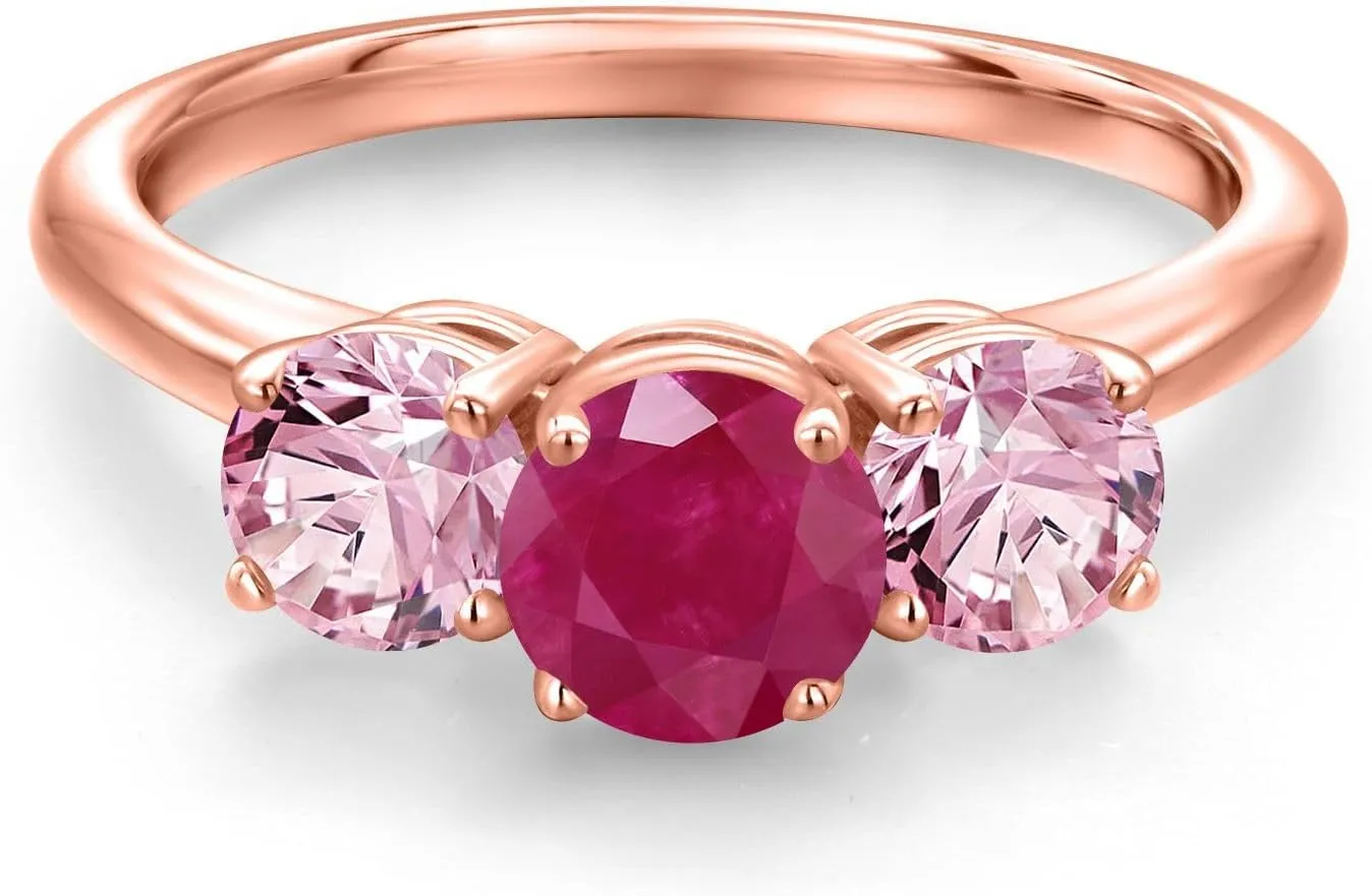 Gem Stone King 2.00 Ct Round Red Ruby Pink Lab Grown Diamond 18K Rose Gold Plated Silver Ring