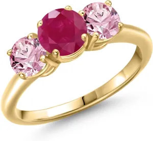Gem Stone King 2.00 Ct Round Red Ruby Pink Lab Grown Diamond 18K Yellow Gold Plated Silver Ring