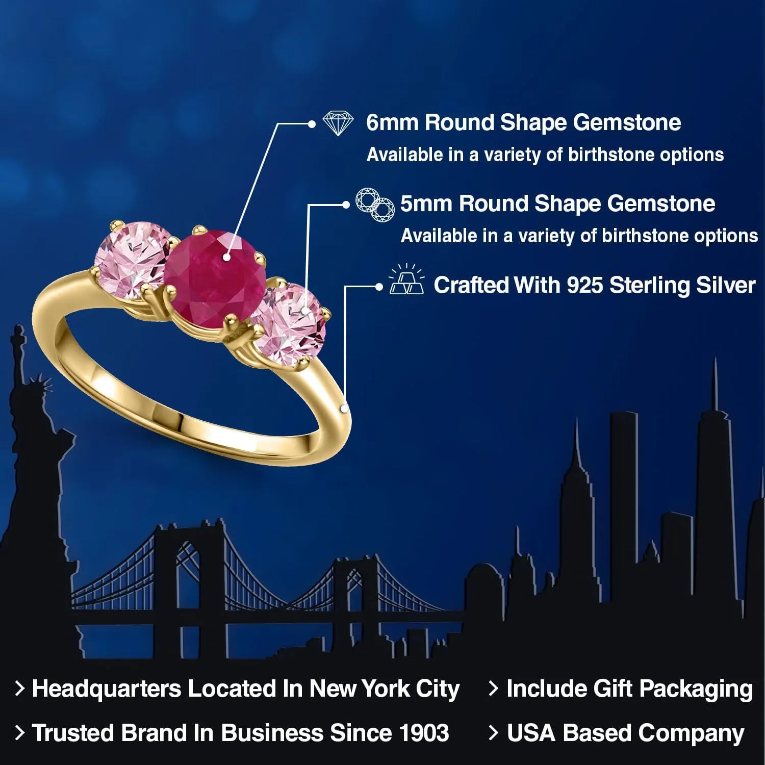 Gem Stone King 2.00 Ct Round Red Ruby Pink Lab Grown Diamond 18K Yellow Gold Plated Silver Ring