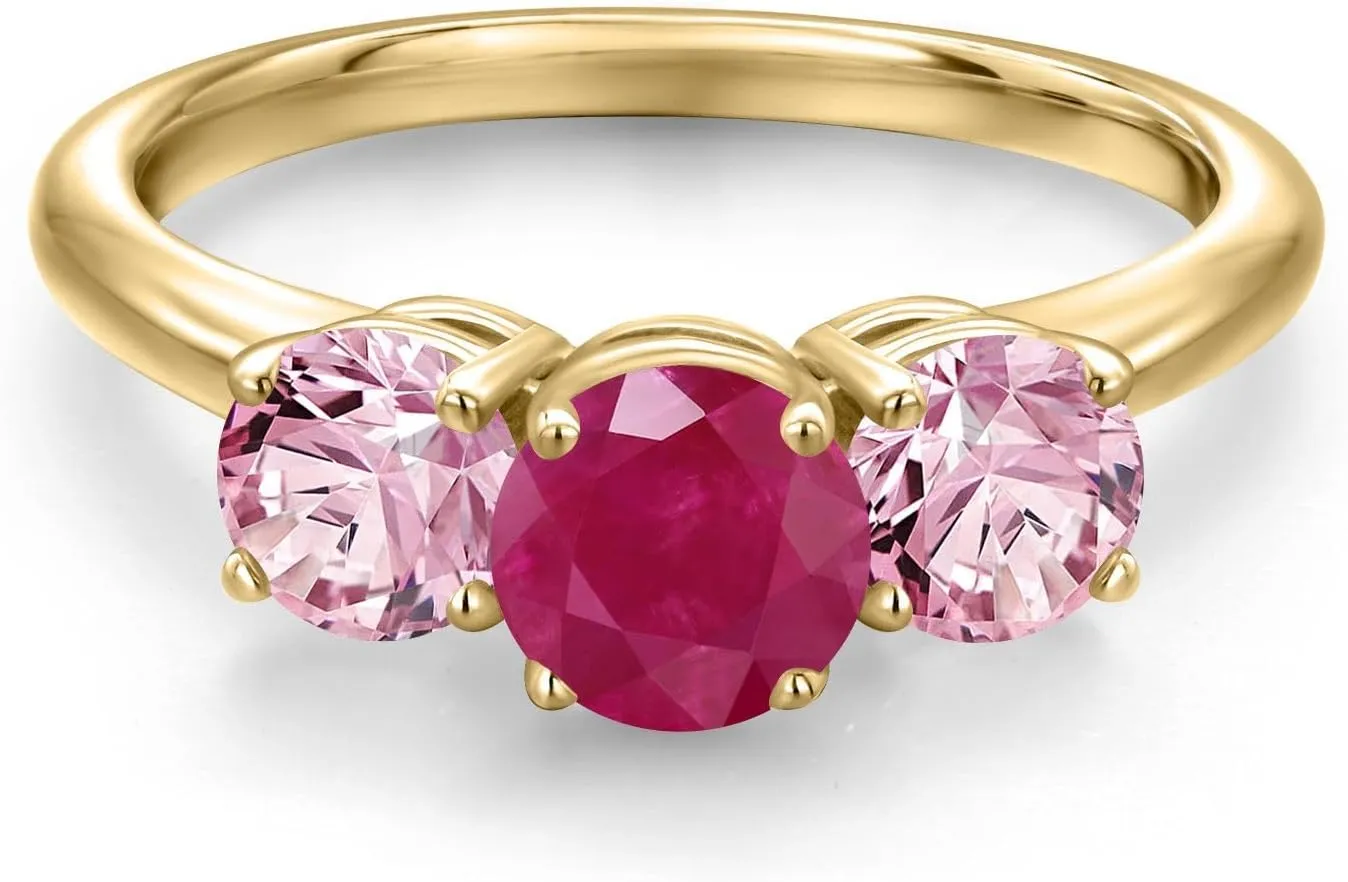 Gem Stone King 2.00 Ct Round Red Ruby Pink Lab Grown Diamond 18K Yellow Gold Plated Silver Ring
