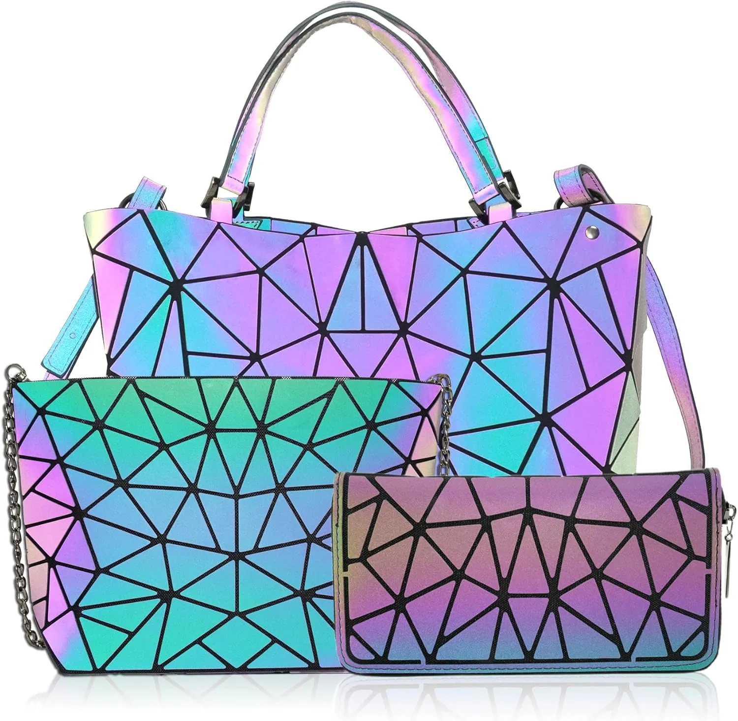 Geometric Purse for Women,Geometric Luminous Crossbody Bags and Holographic wallets Set-3FH