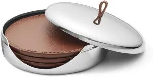 Georg Jensen SKY Collection Coaster Set, Set of 4 Leather Coasters in Stainless Steel Case