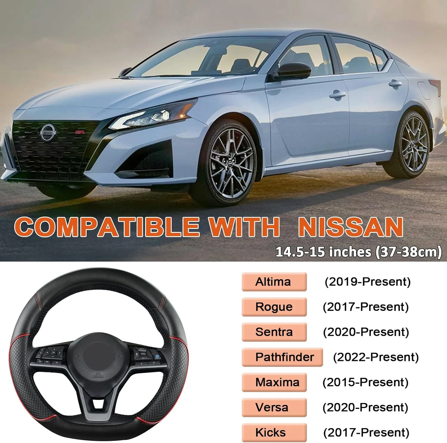 GIANT PANDA D Shape Steering Wheel Cover for Nissan Rogue Kicks - Auto Car Steering Wheel Cover Customized for Nissan Altima Sentra(Black Red Line-D-Shaped)