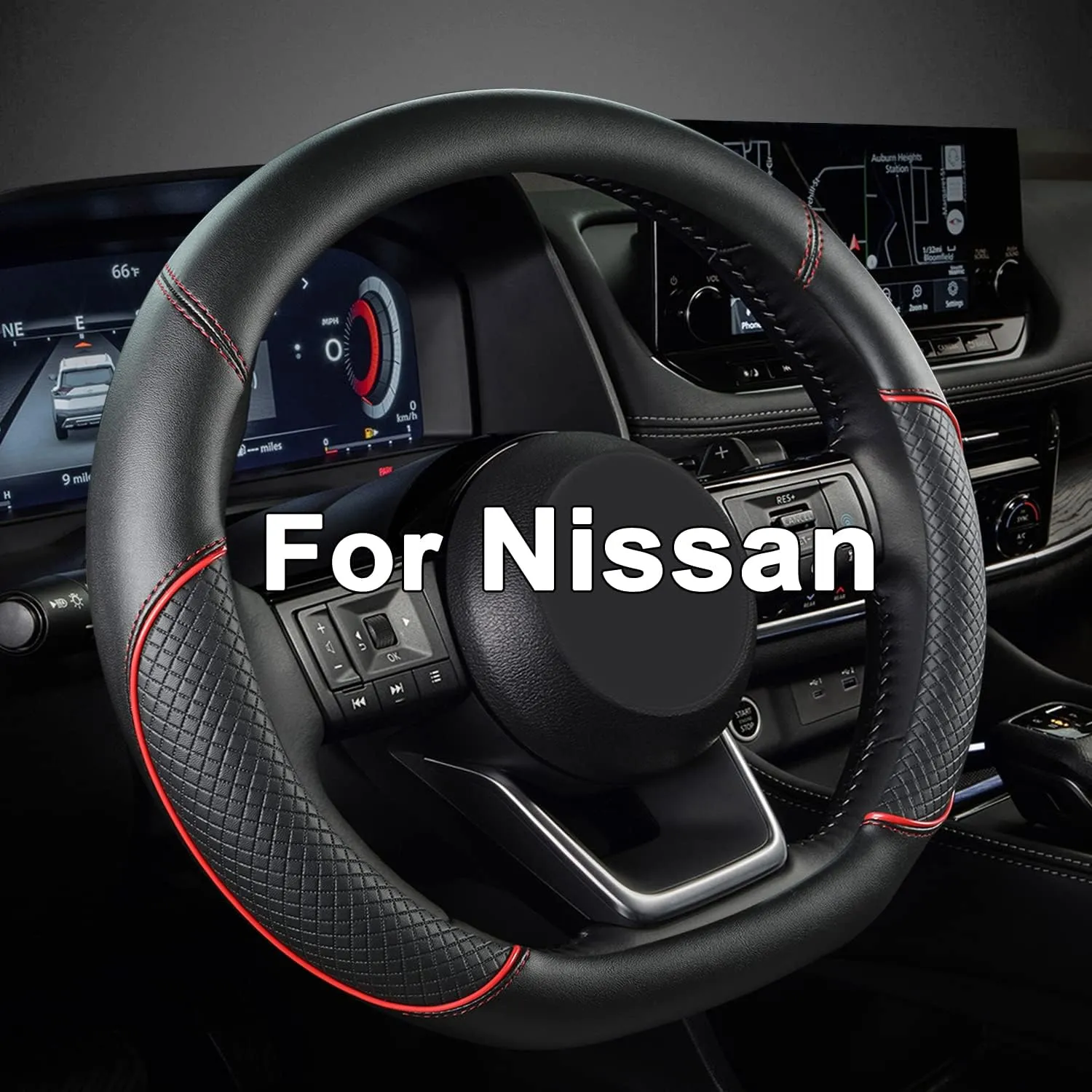 GIANT PANDA D Shape Steering Wheel Cover for Nissan Rogue Kicks - Auto Car Steering Wheel Cover Customized for Nissan Altima Sentra(Black Red Line-D-Shaped)