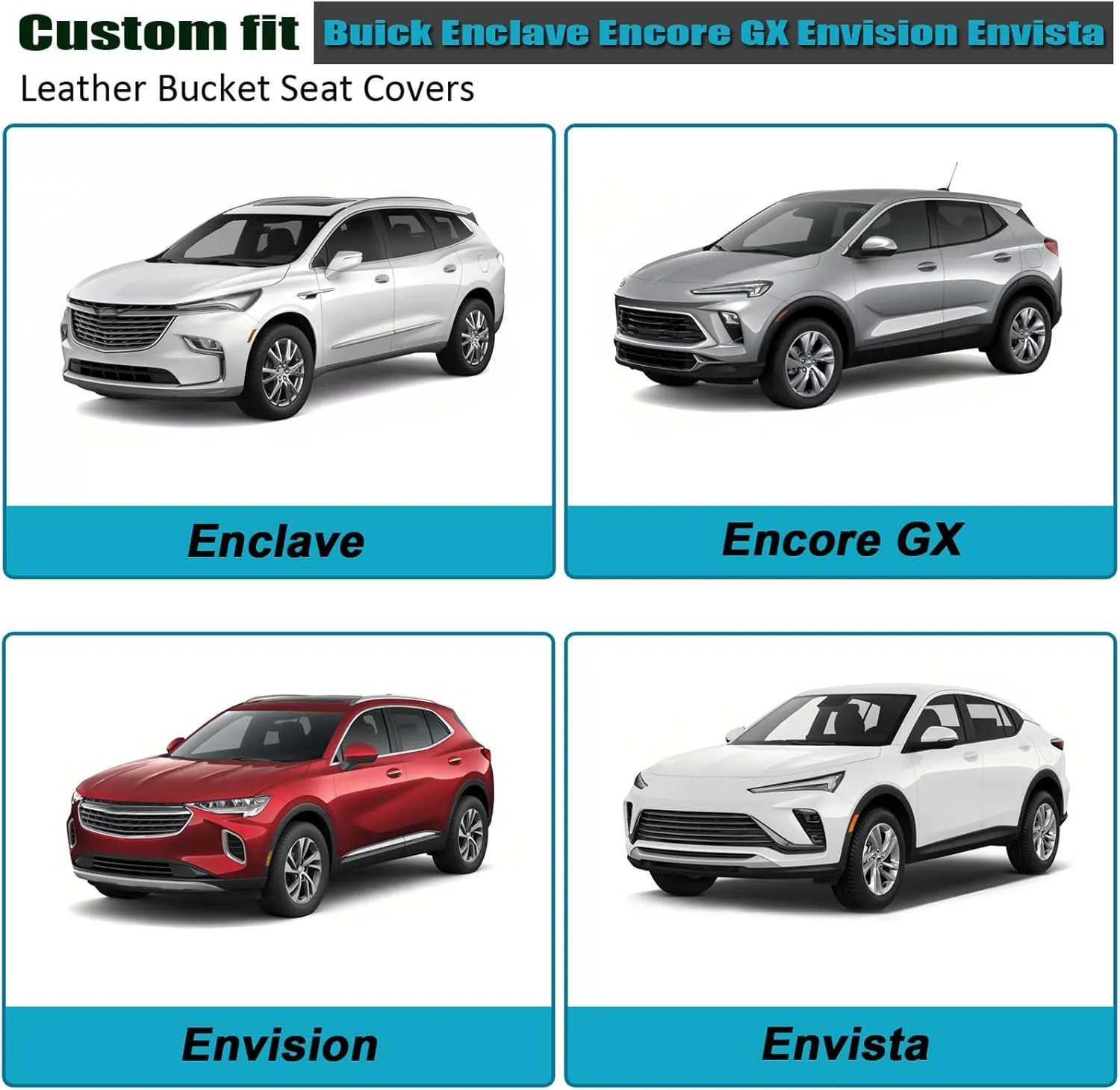 GIANT PANDA Front Car Seat Cover for Buick, Leather Bucket Seat Covers Custom Fit Buick Enclave Encore GX Envision Envista (Grey Black)