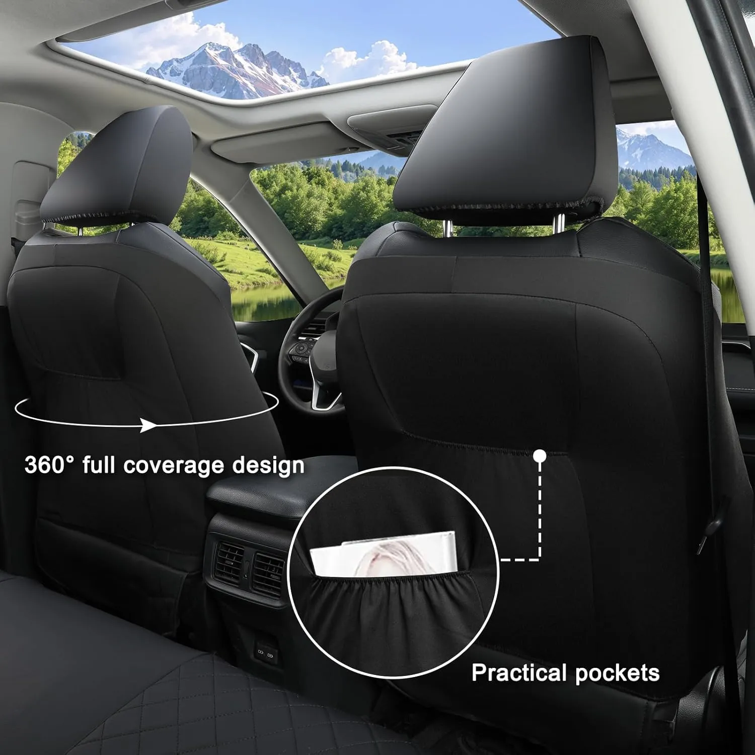 GIANT PANDA Full Set Car Seat Covers Custom Fit for Toyota Rav4 2013 2014 2015 2016 2017 2018 LE (Not for Hybrid Version),Luxury Leather Bucket Seat Covers, Polyester Fiber(Black)