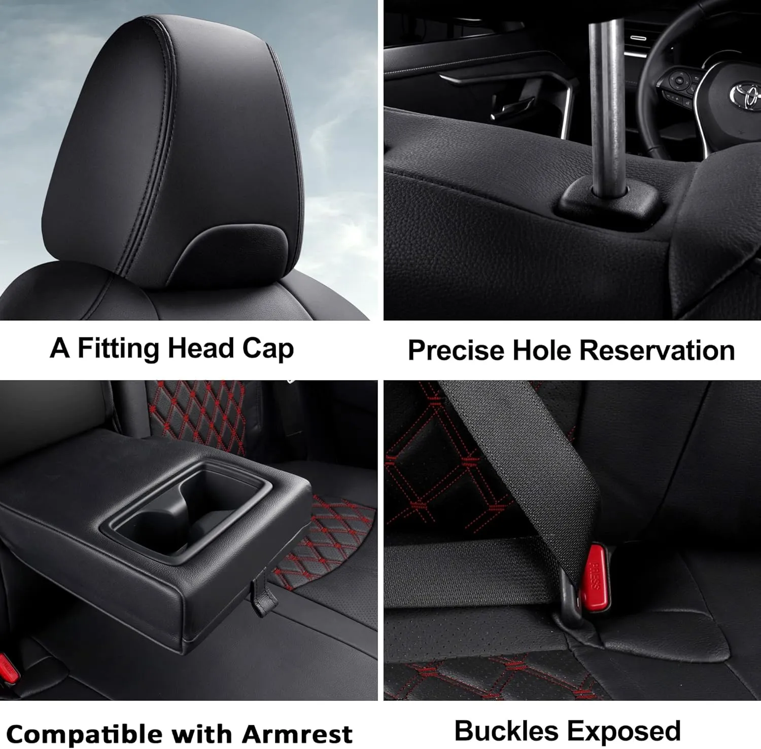 GIANT PANDA Pu Leather Car Seat Covers Full Set Custom Fit for 2019 2020 2021 2022 2023 2024 2025 Toyota RAV4 LE, XLE, XLE Premium, Limited -(Non-Hybrid & Adventure,TRD-Off Black Red)
