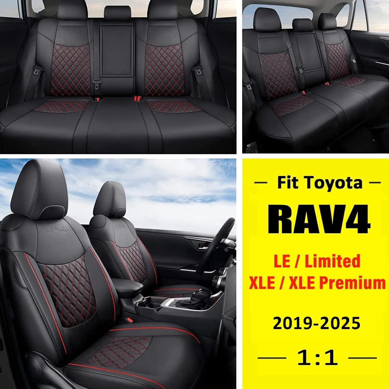 GIANT PANDA Pu Leather Car Seat Covers Full Set Custom Fit for 2019 2020 2021 2022 2023 2024 2025 Toyota RAV4 LE, XLE, XLE Premium, Limited -(Non-Hybrid & Adventure,TRD-Off Black Red)