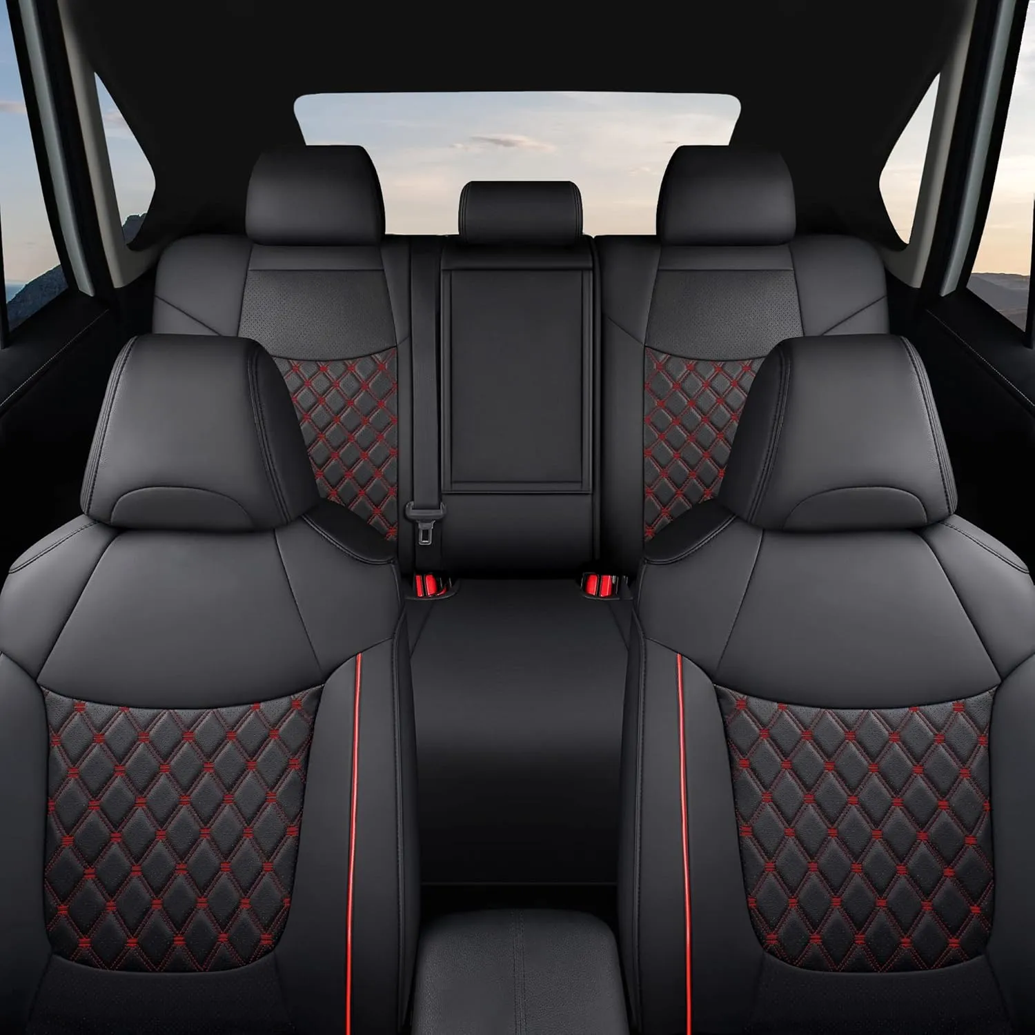 GIANT PANDA Pu Leather Car Seat Covers Full Set Custom Fit for 2019 2020 2021 2022 2023 2024 2025 Toyota RAV4 LE, XLE, XLE Premium, Limited -(Non-Hybrid & Adventure,TRD-Off Black Red)