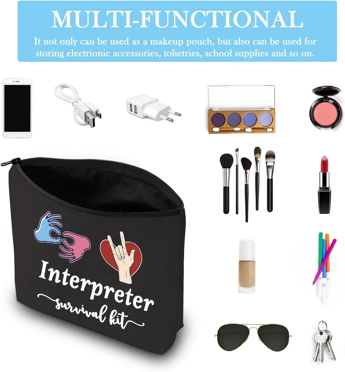 GJTIM Interpreter Zipper Pouch Interpreter Survival Kit Gift Makeup Bag for ASL Sign Language Interpreter (Survival Interpreter Black)