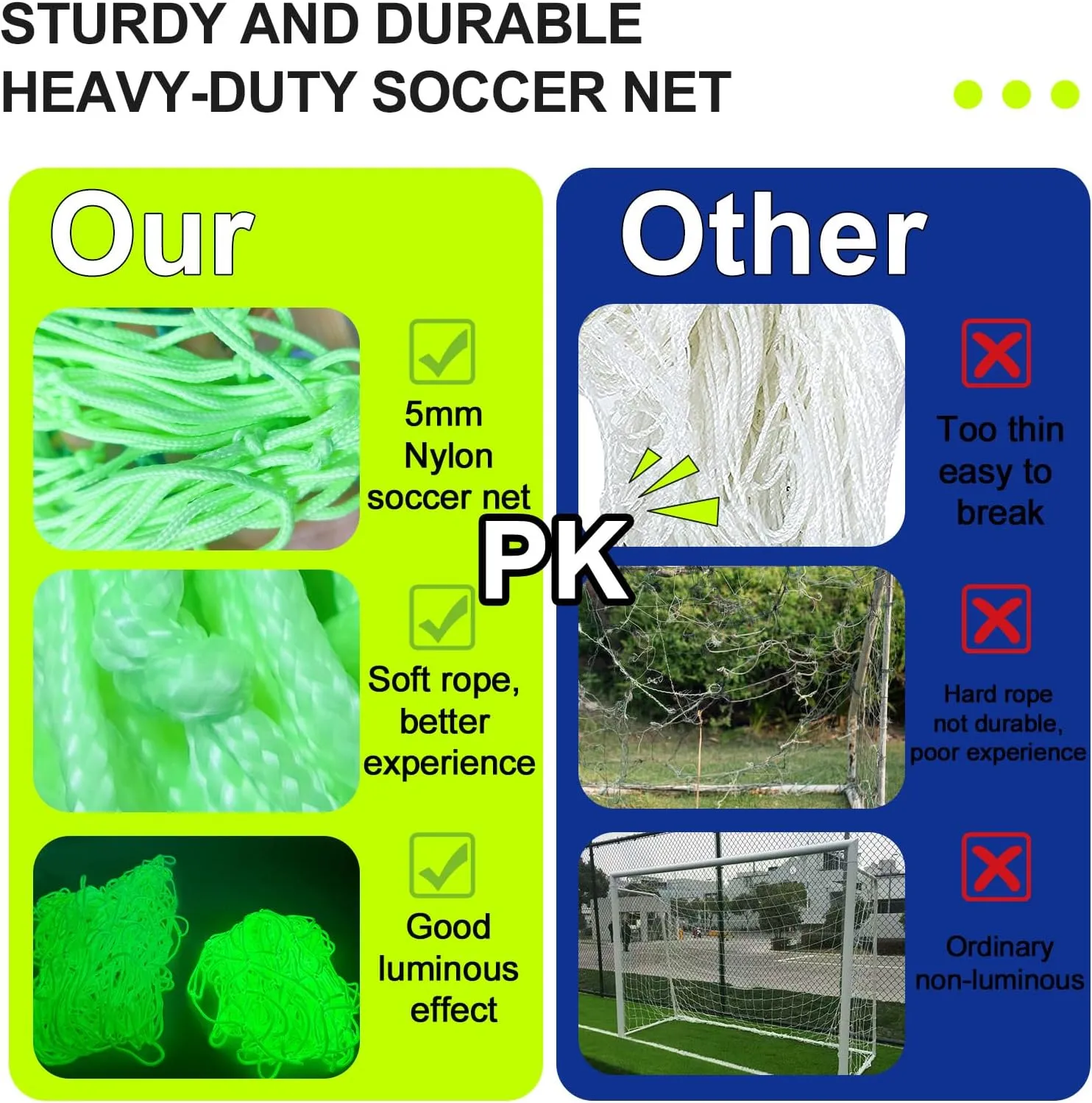 Glow in The Dark Soccer Net,Luminous Soccer Goal,Soccer Goals for Backyard,Soccer Net Replacement,12x6 and 6'x4 Soccer Goal Net Replacement,Post Not Included.
