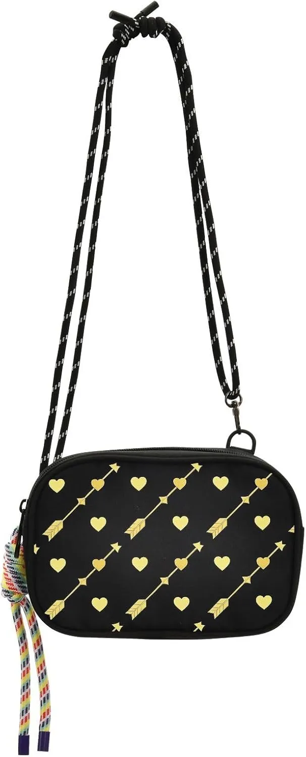 Gold Arrow Heart Pattern Black Fashion Sling Purse Crossbody for Womens Fashion with Credit Card Slots Over Shoulder Purse For Hiking Traveling