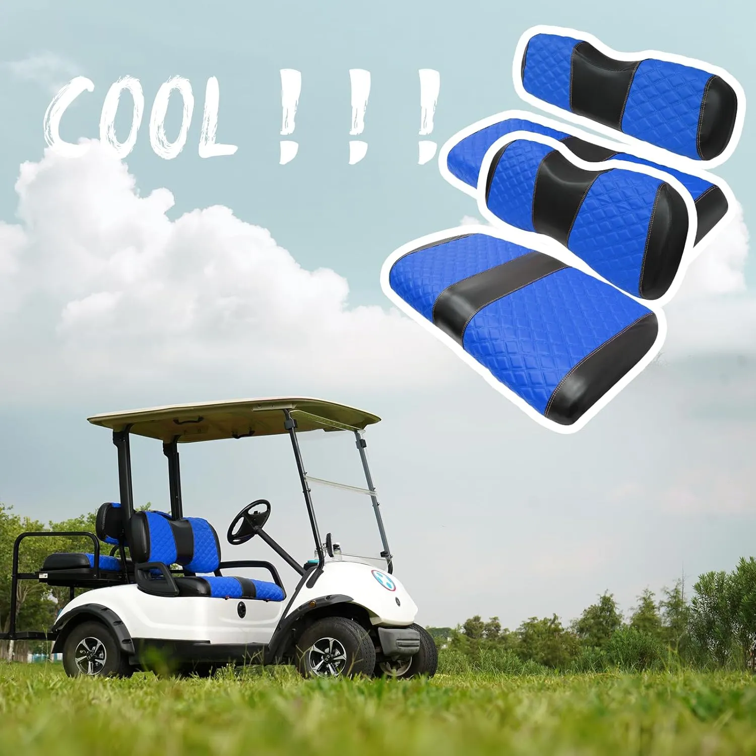 Golf Cart Front and Rear Seat Covers Waterproof and Sun Resistant Marine Grade Vinyl Leather Seat Cover Accessories for Yamaha Drive 2007-2016/Drive 2 2017 ,Blue(4PCS)