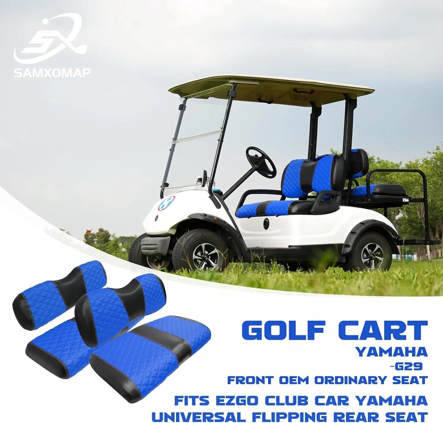 Golf Cart Front and Rear Seat Covers Waterproof and Sun Resistant Marine Grade Vinyl Leather Seat Cover Accessories for Yamaha Drive 2007-2016/Drive 2 2017 ,Blue(4PCS)