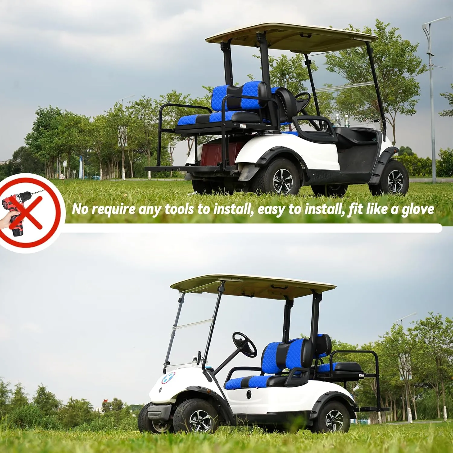 Golf Cart Front and Rear Seat Covers Waterproof and Sun Resistant Marine Grade Vinyl Leather Seat Cover Accessories for Yamaha Drive 2007-2016/Drive 2 2017 ,Blue(4PCS)