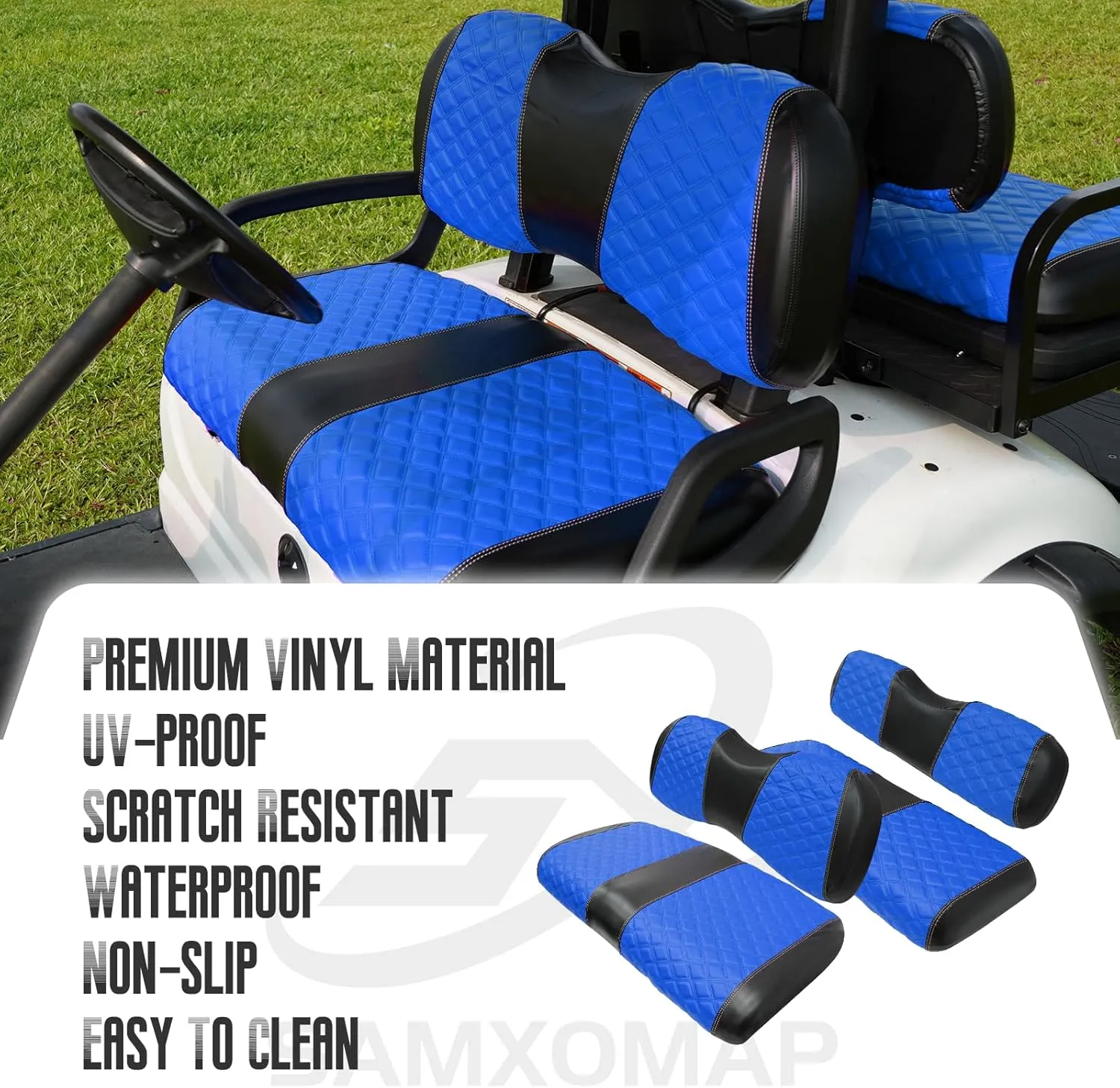 Golf Cart Front and Rear Seat Covers Waterproof and Sun Resistant Marine Grade Vinyl Leather Seat Cover Accessories for Yamaha Drive 2007-2016/Drive 2 2017 ,Blue(4PCS)