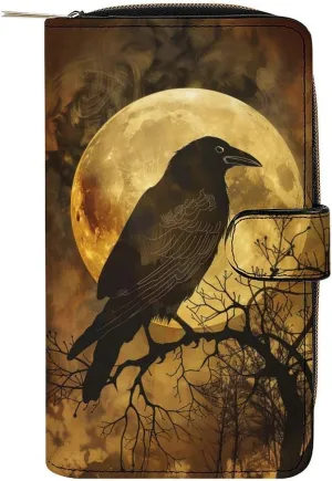 Gothic Crow Moon Leather Wallets,Long Wallet Purse,Slim Thin Leather Bifold Card Holder Wallet,Adjustable Buckle,Multi Cards Case,Large Capacity