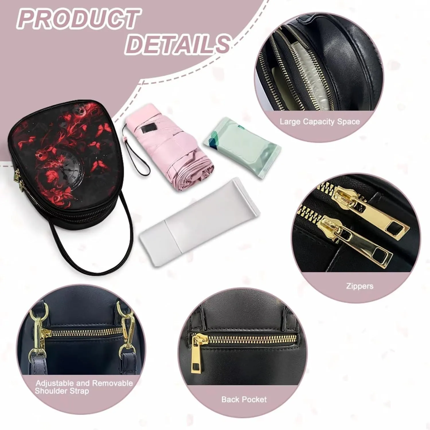 Gothic Small Crossbody Bags for Women, Mini PU Leather Cell Phone Purse Zip Shoulder Handbags Adjustable Straps