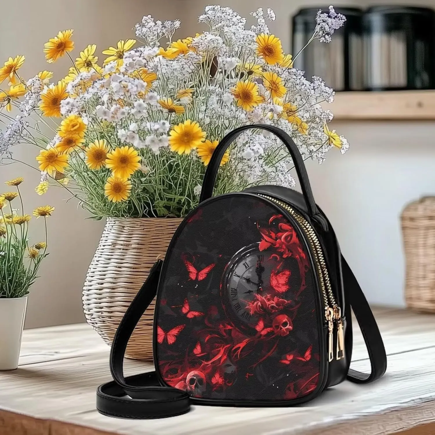 Gothic Small Crossbody Bags for Women, Mini PU Leather Cell Phone Purse Zip Shoulder Handbags Adjustable Straps